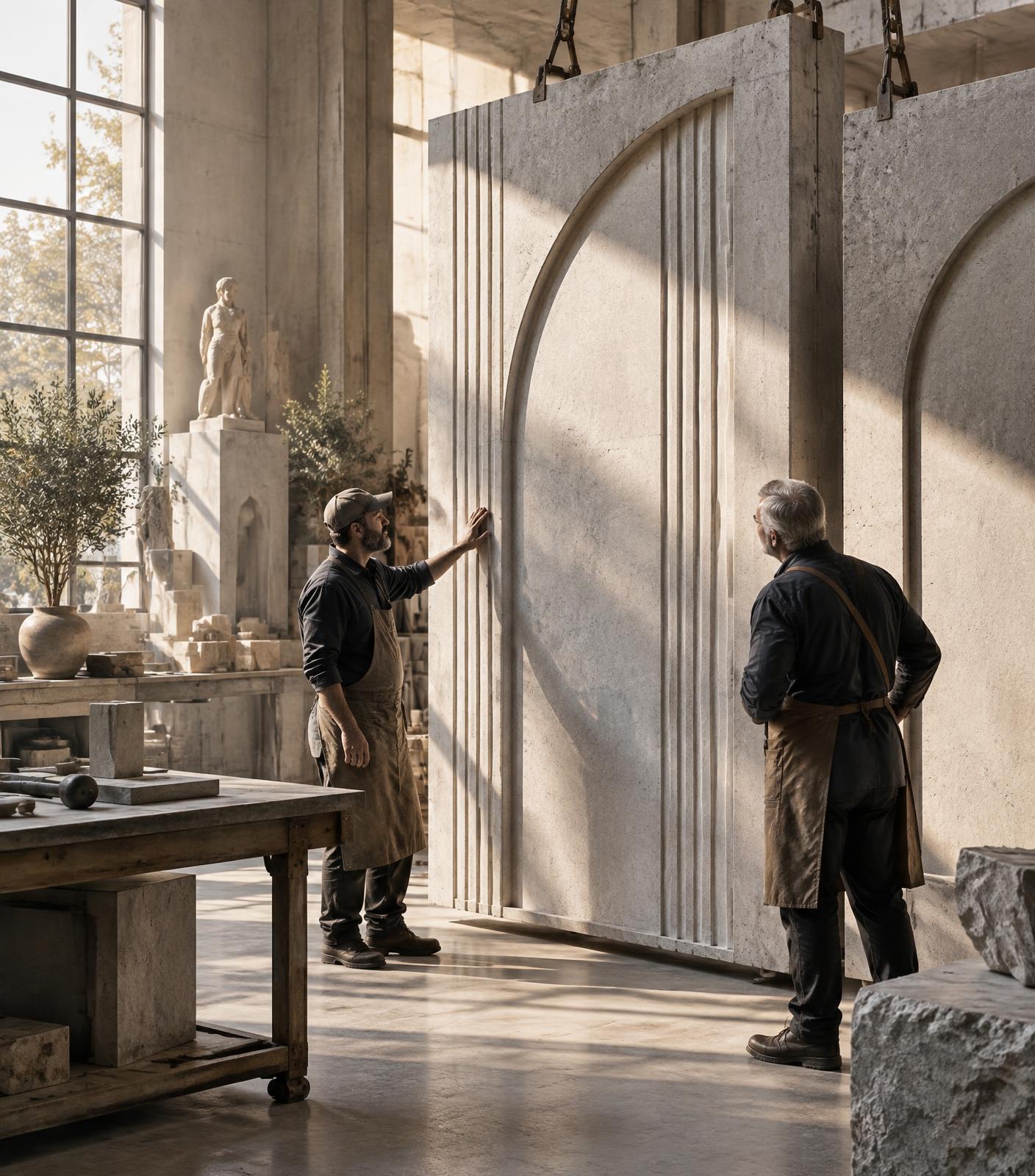 Craftsmen finishing a precast terrazzo panel